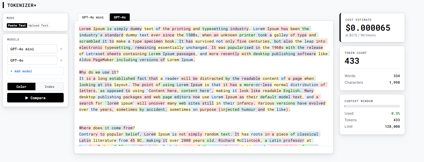Tokenizer+ — token visualization and cost estimation